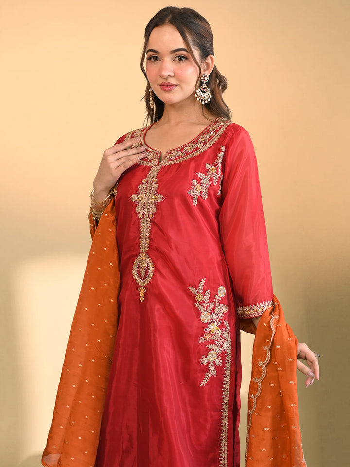 Libas Art Red Embroidered Organza Straight Suit Set With Dupatta