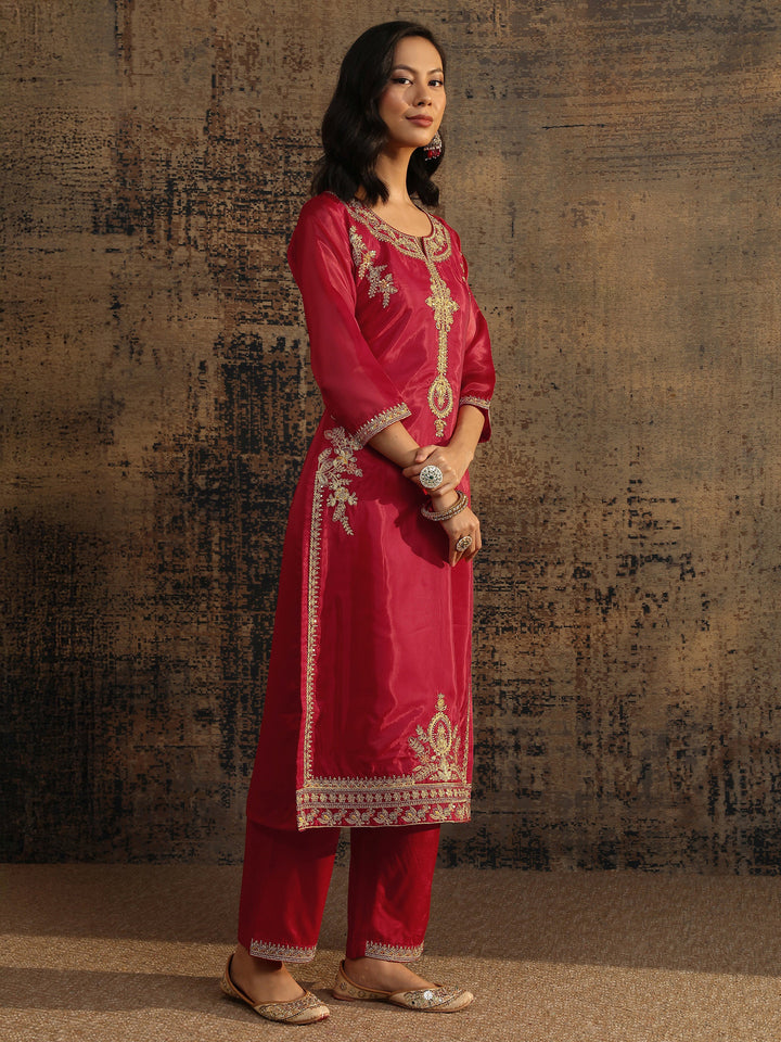 Libas Art Red Embroidered Organza Straight Suit Set With Dupatta