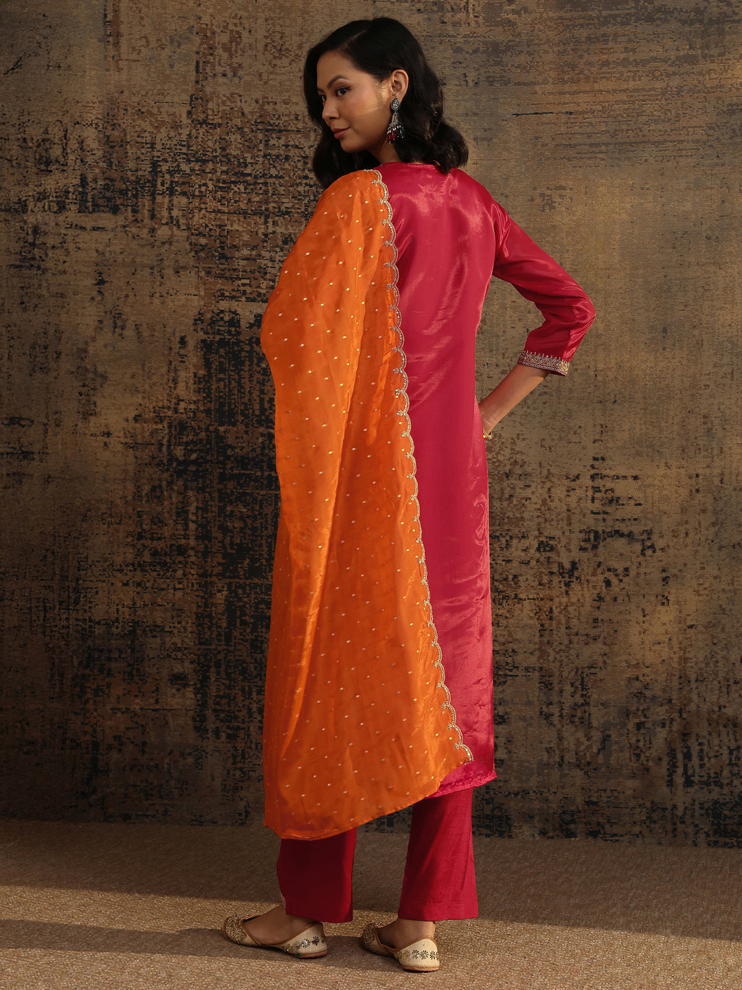 Libas Art Red Embroidered Organza Straight Suit Set With Dupatta