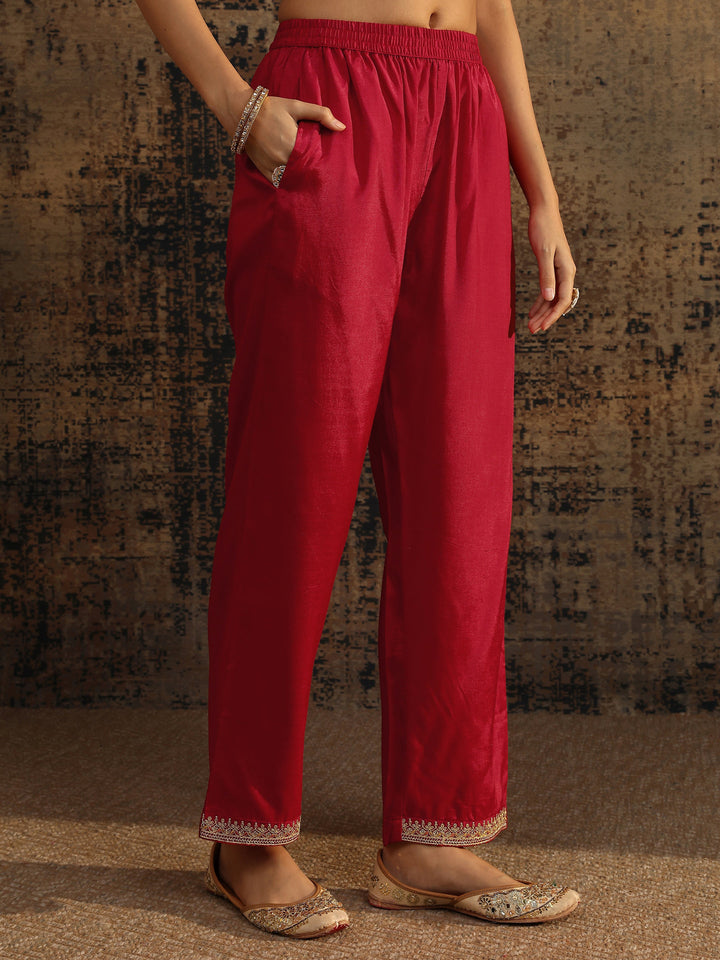 Libas Art Red Embroidered Organza Straight Suit Set With Dupatta