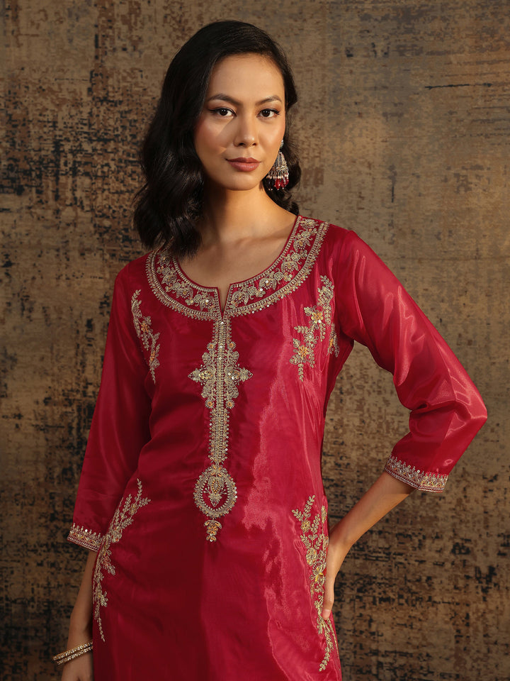 Libas Art Red Embroidered Organza Straight Suit Set With Dupatta