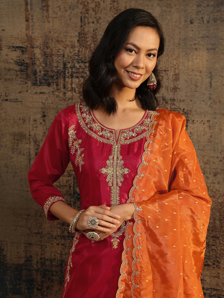 Libas Art Red Embroidered Organza Straight Suit Set With Dupatta