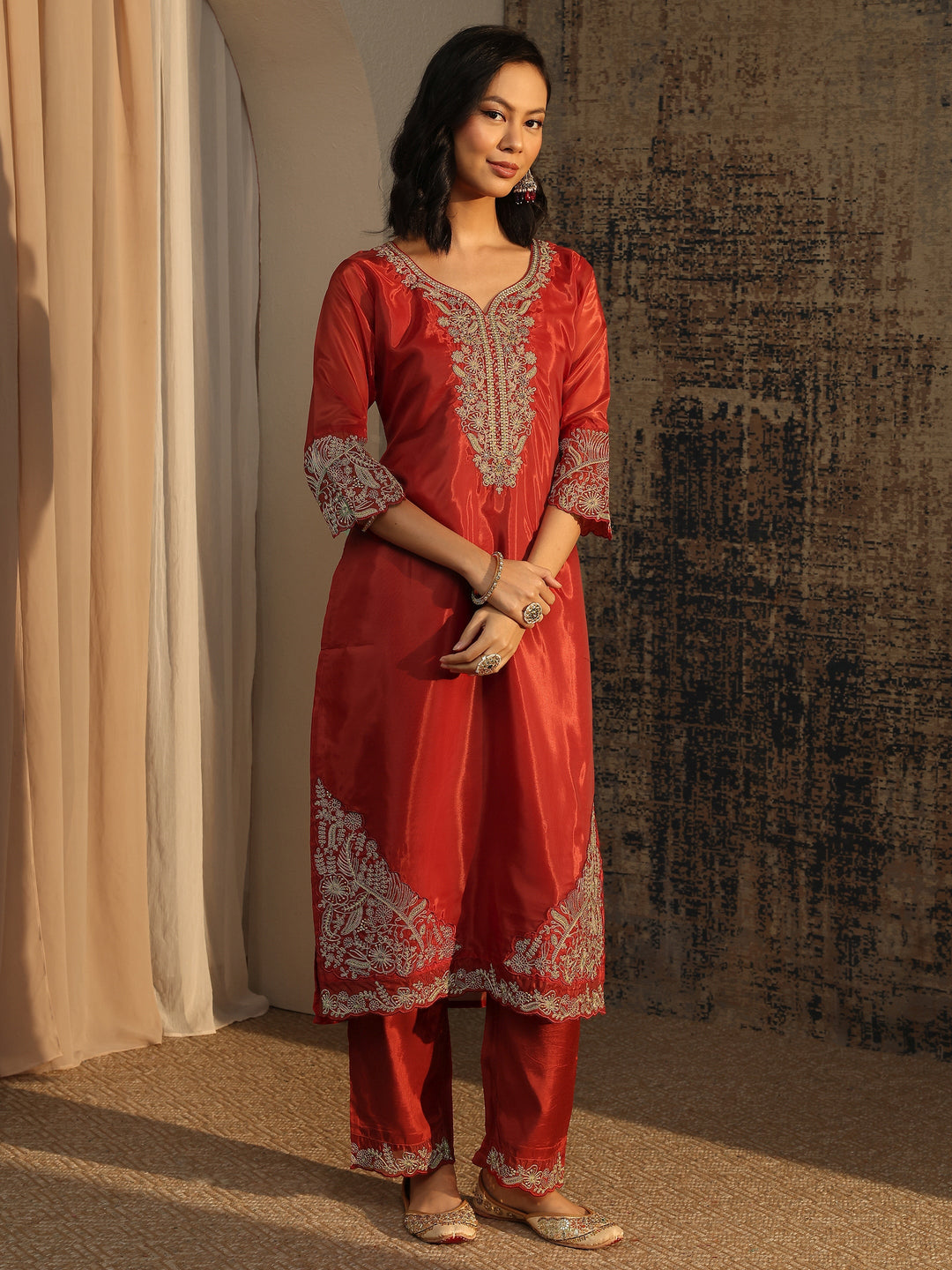 Libas Art Rust Embroidered Organza Straight Suit Set With Dupatta