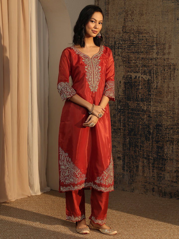 Libas Art Rust Embroidered Organza Straight Suit Set With Dupatta