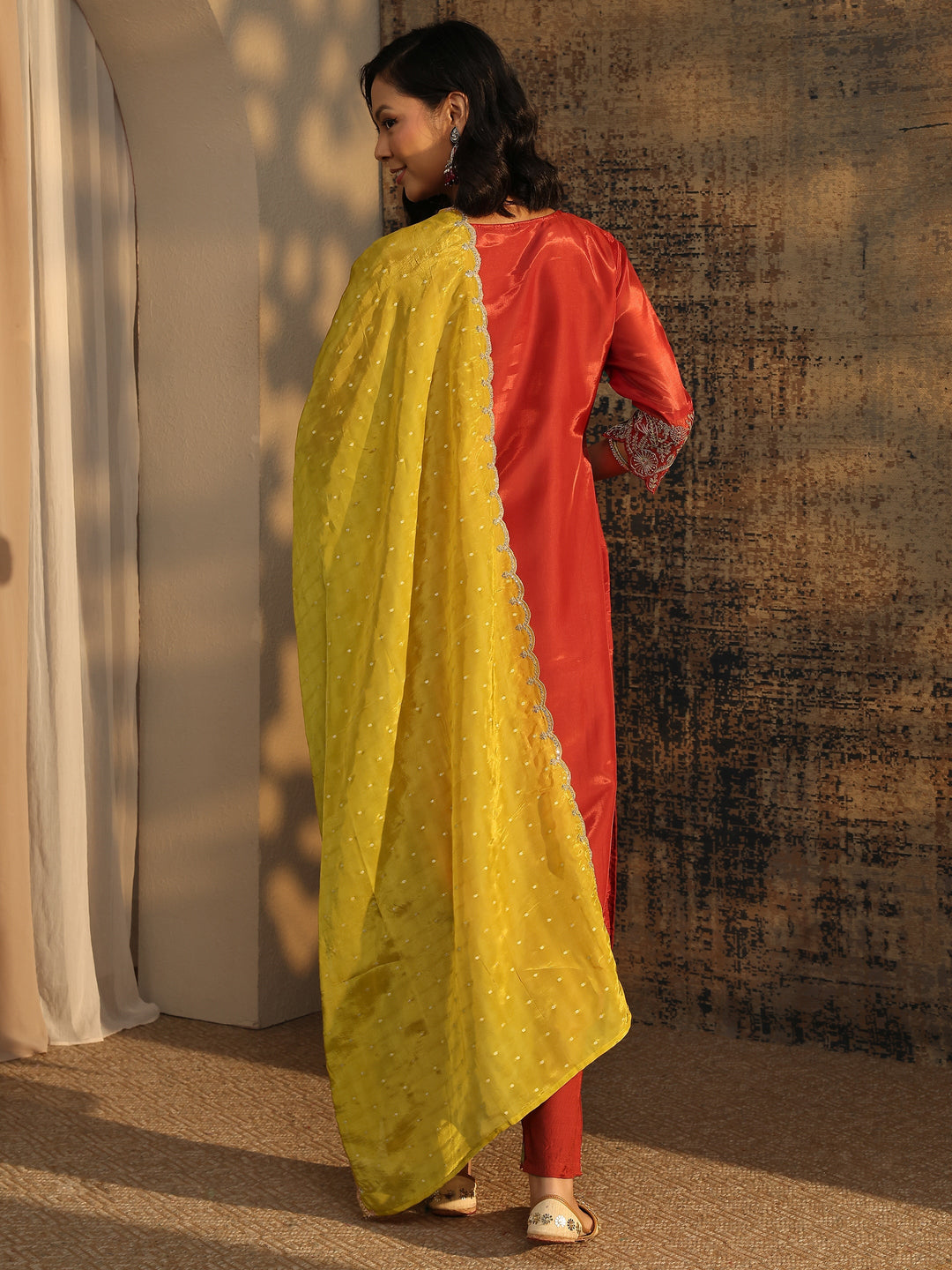 Libas Art Rust Embroidered Organza Straight Suit Set With Dupatta