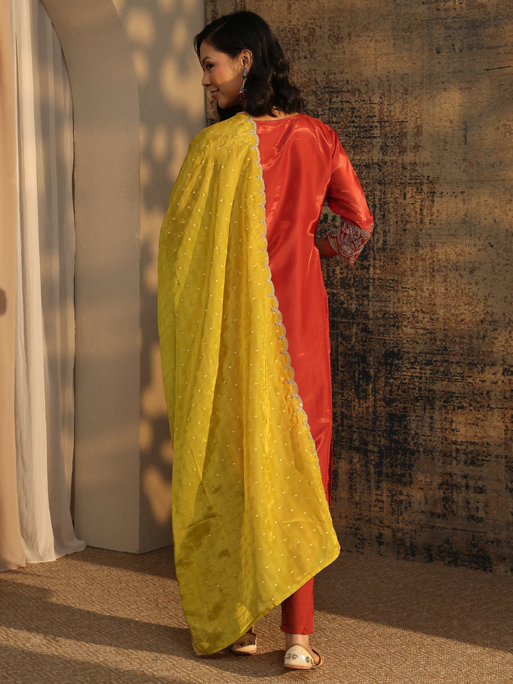 Libas Art Rust Embroidered Organza Straight Suit Set With Dupatta