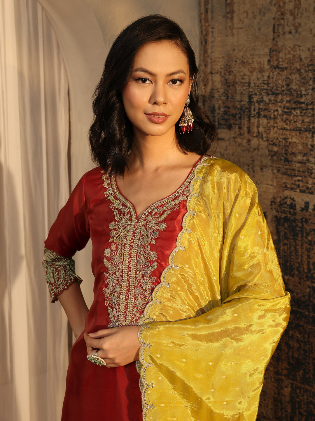 Libas Art Rust Embroidered Organza Straight Suit Set With Dupatta