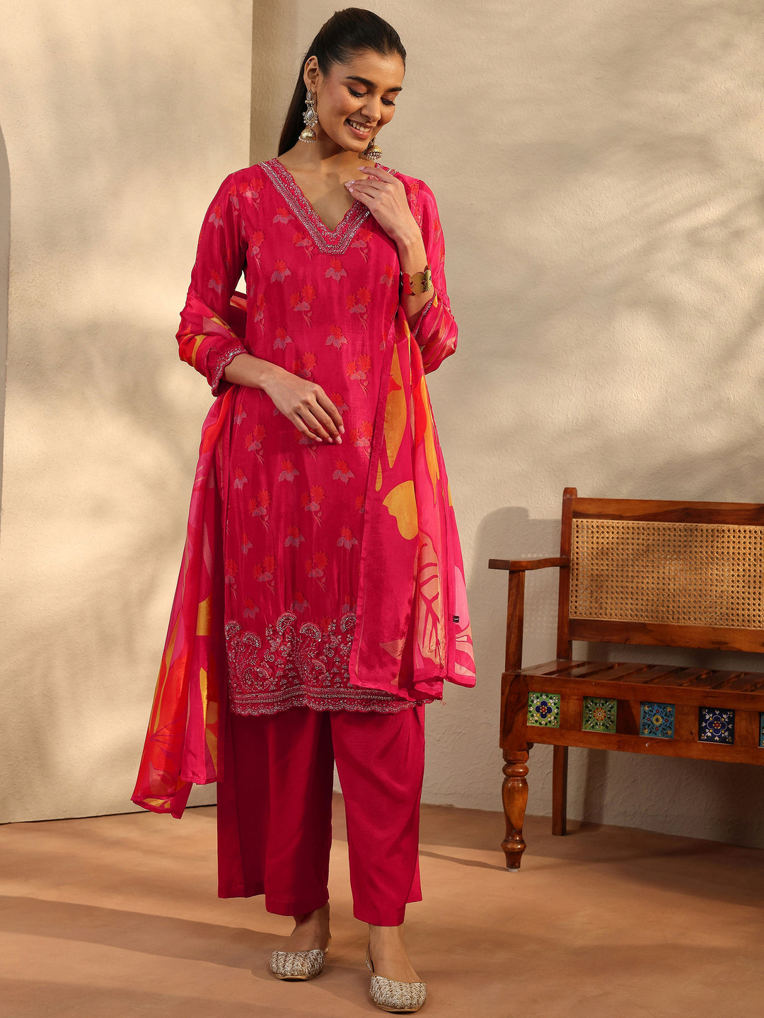 Libas Art Red Printed Crepe Straight Suit Set With Dupatta