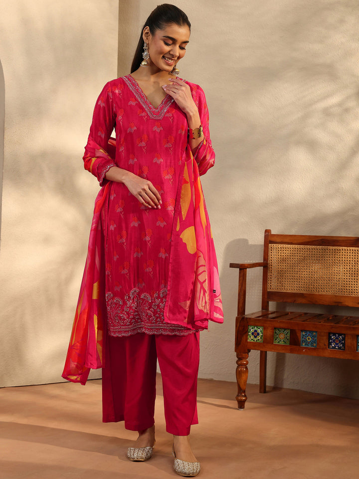 Libas Art Red Printed Crepe Straight Suit Set With Dupatta