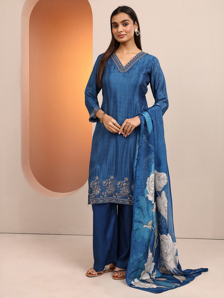 Libas Art Blue Embroidered Crepe Straight Suit Set With Dupatta