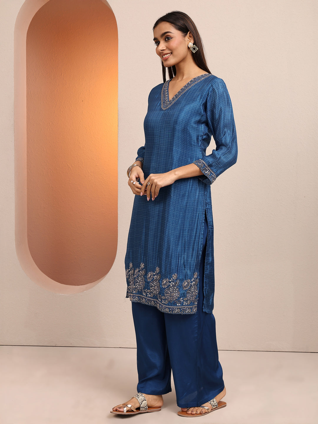 Libas Art Blue Embroidered Crepe Straight Suit Set With Dupatta