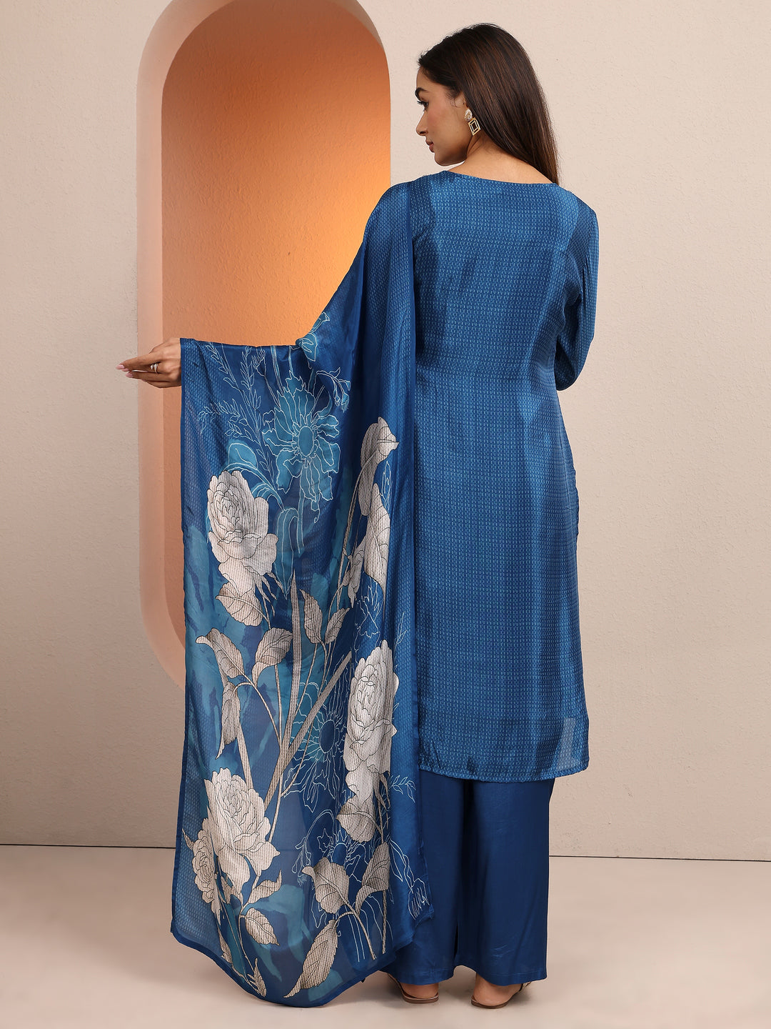 Libas Art Blue Embroidered Crepe Straight Suit Set With Dupatta