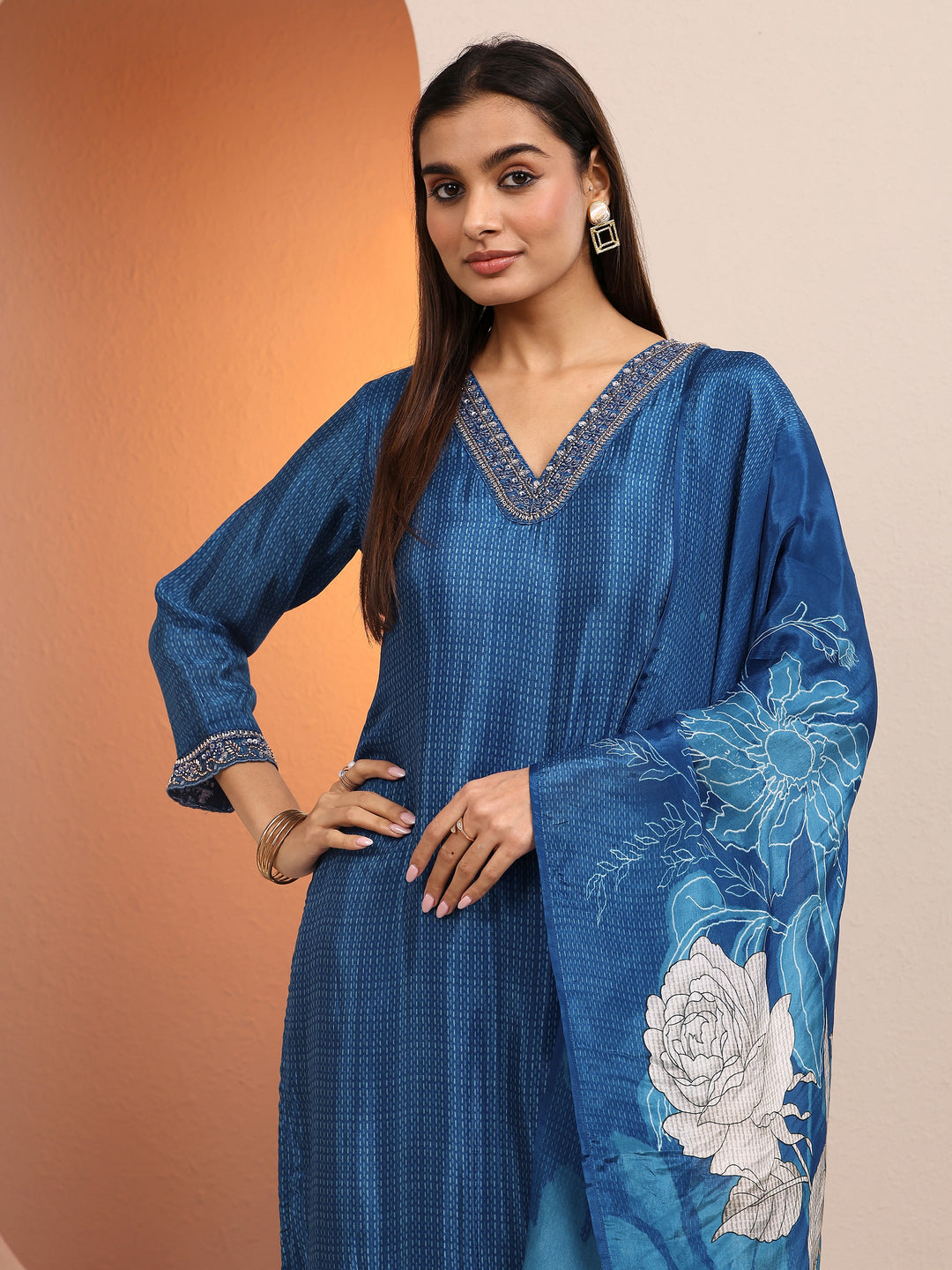 Libas Art Blue Embroidered Crepe Straight Suit Set With Dupatta