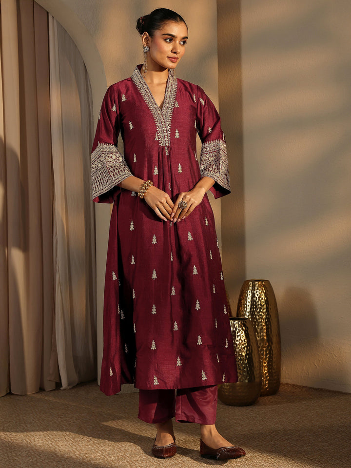Maroon Embroidered Silk Blend A-Line Suit Set With Dupatta