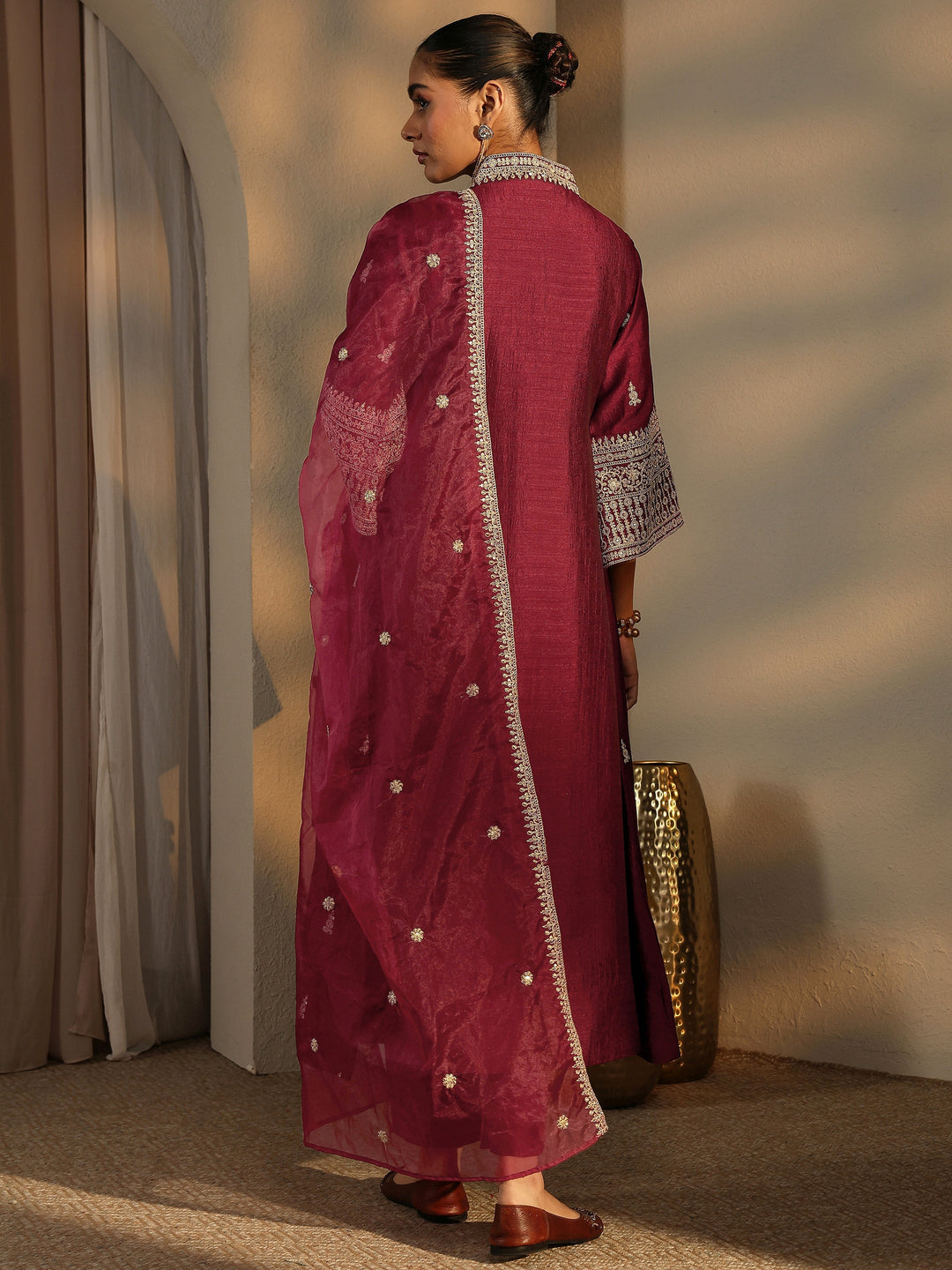 Maroon Embroidered Silk Blend A-Line Suit Set With Dupatta
