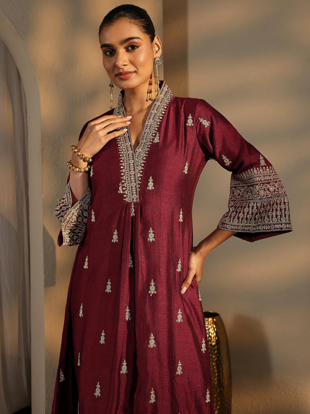 Maroon Embroidered Silk Blend A-Line Suit Set With Dupatta