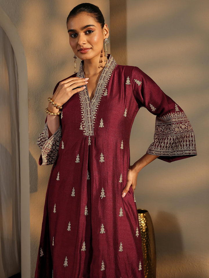Maroon Embroidered Silk Blend A-Line Suit Set With Dupatta