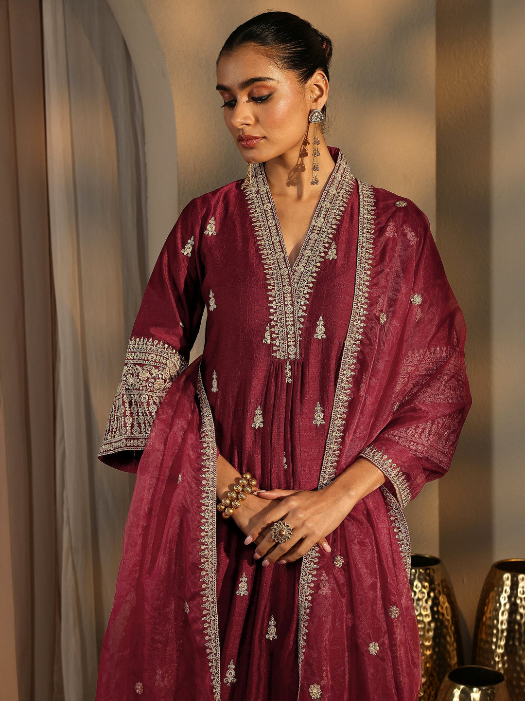 Maroon Embroidered Silk Blend A-Line Suit Set With Dupatta