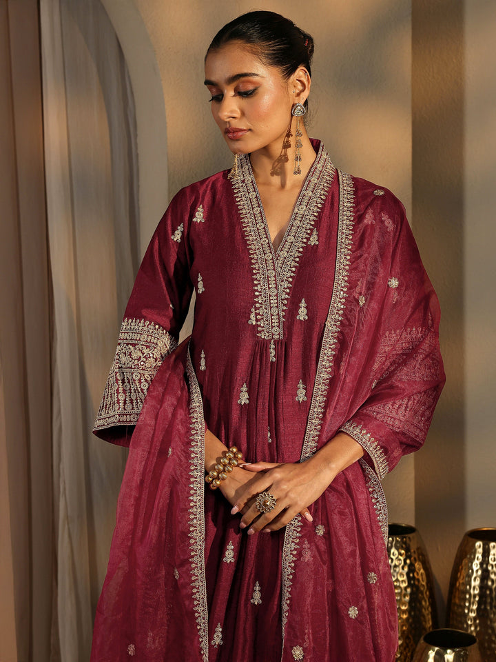 Maroon Embroidered Silk Blend A-Line Suit Set With Dupatta