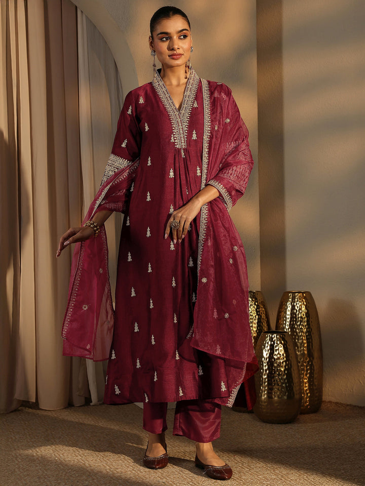 Maroon Embroidered Silk Blend A-Line Suit Set With Dupatta