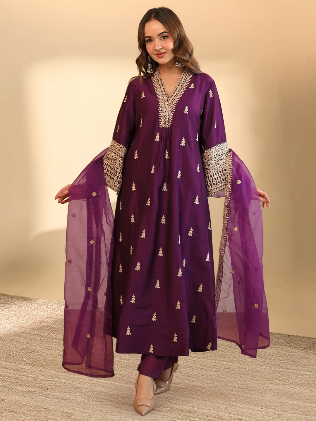Burgundy Embroidered Silk Blend A-Line Suit Set With Dupatta