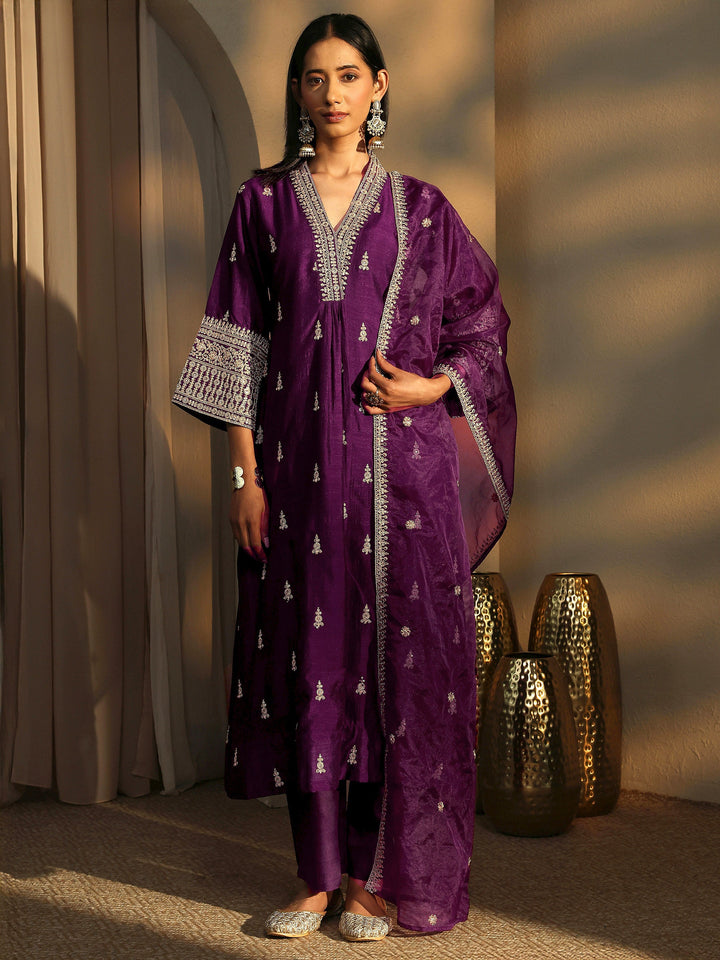 Burgundy Embroidered Silk Blend A-Line Suit Set With Dupatta