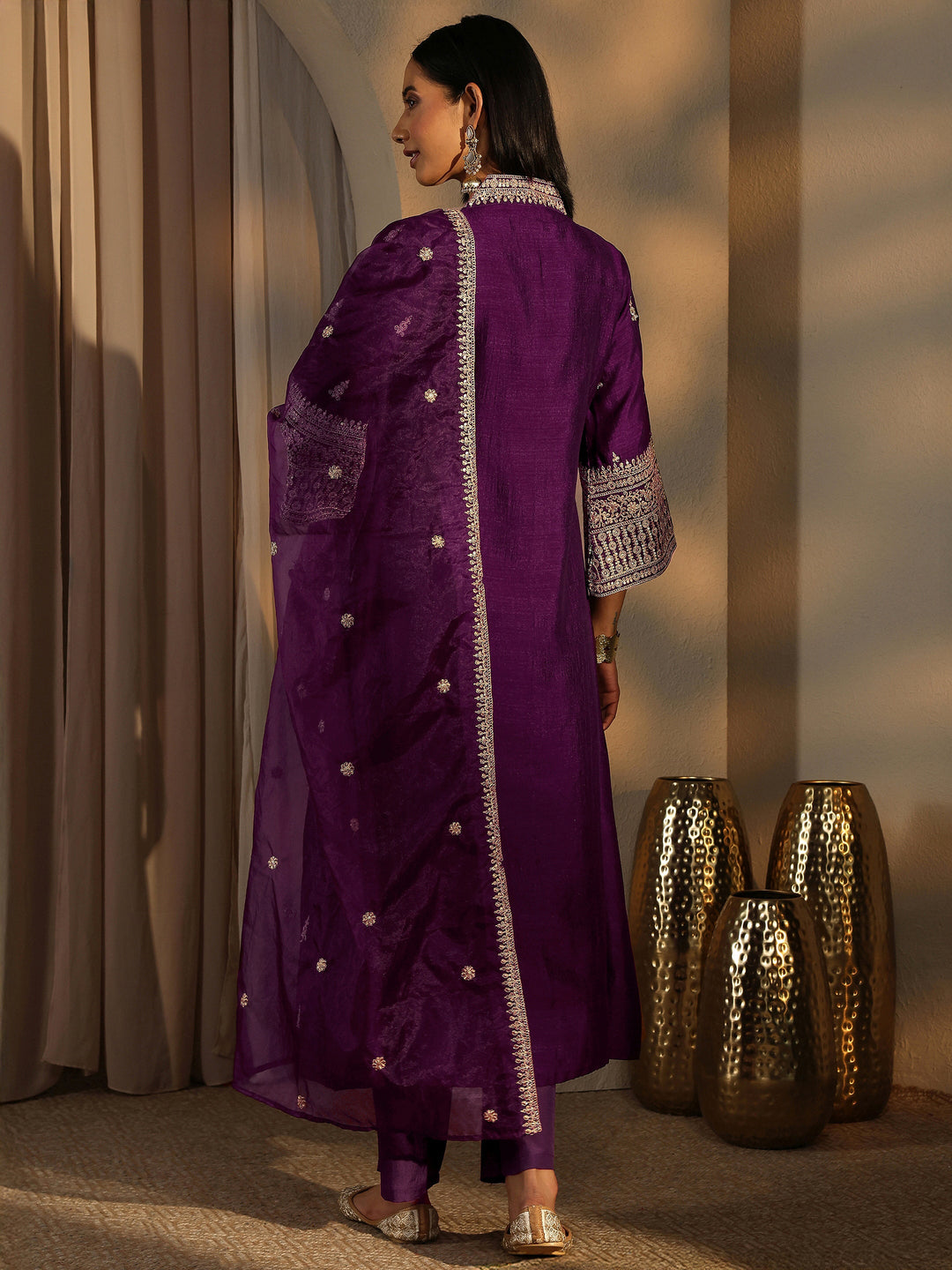 Burgundy Embroidered Silk Blend A-Line Suit Set With Dupatta