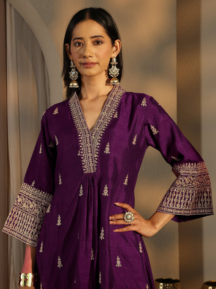 Burgundy Embroidered Silk Blend A-Line Suit Set With Dupatta