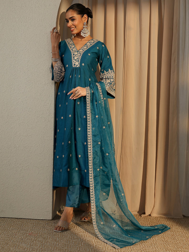 Teal Embroidered Silk Blend Anarkali Suit Set With Dupatta