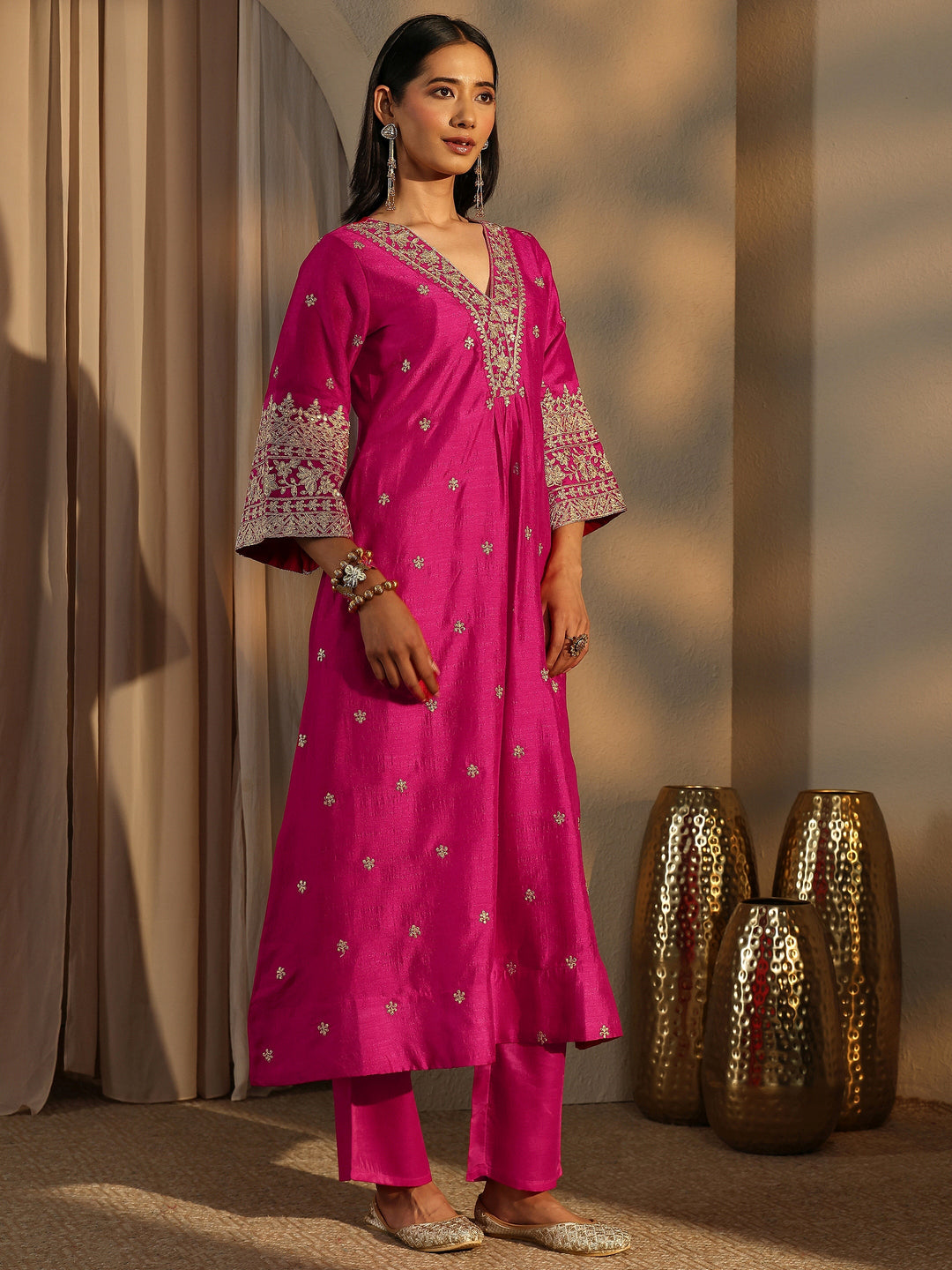 Pink Embroidered Silk Blend A-Line Suit Set With Dupatta