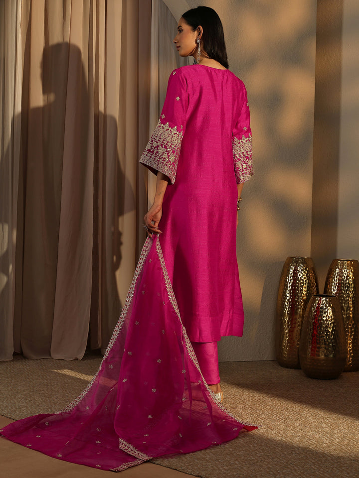 Pink Embroidered Silk Blend A-Line Suit Set With Dupatta