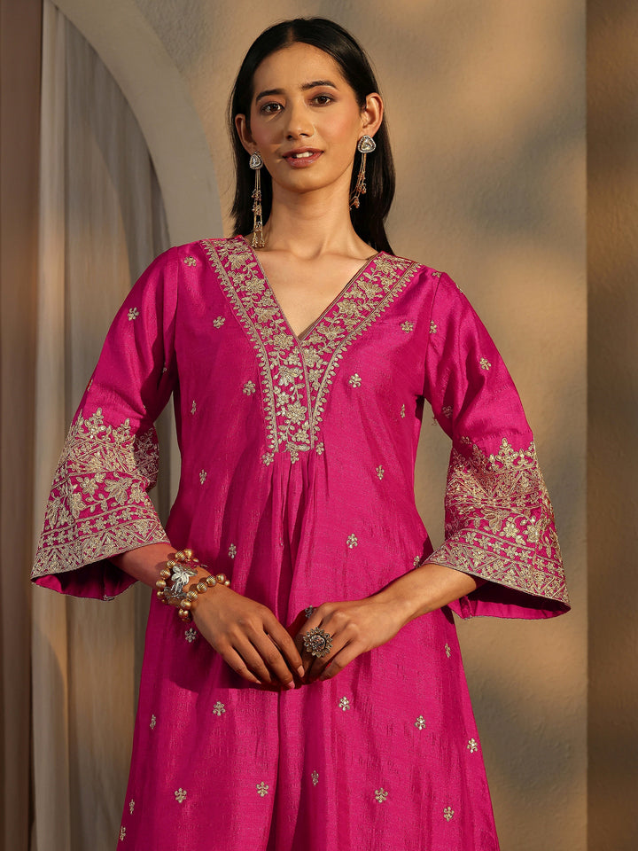Pink Embroidered Silk Blend A-Line Suit Set With Dupatta