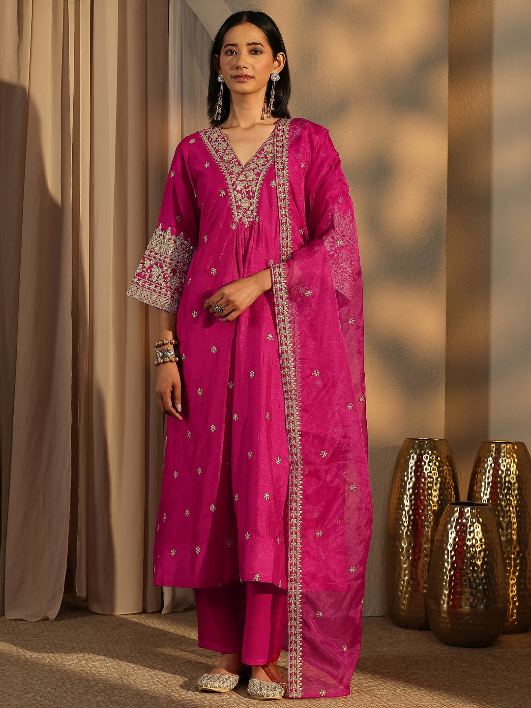 Pink Embroidered Silk Blend A-Line Suit Set With Dupatta