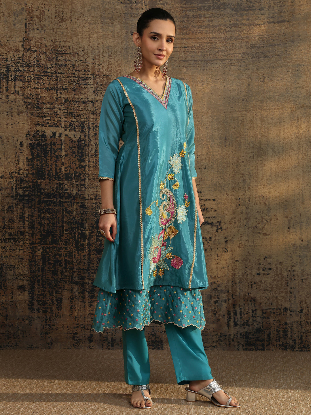 Blue Embroidered Crepe A-Line Suit Set With Dupatta