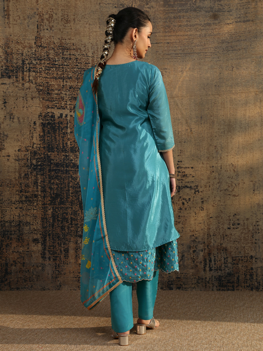 Blue Embroidered Crepe A-Line Suit Set With Dupatta