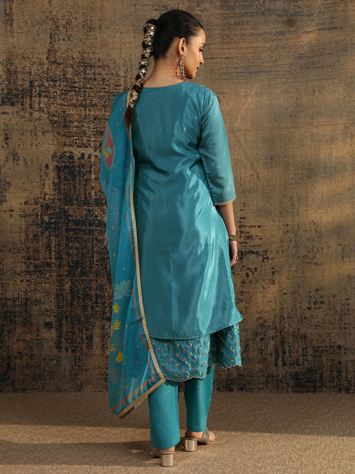 Blue Embroidered Crepe A-Line Suit Set With Dupatta