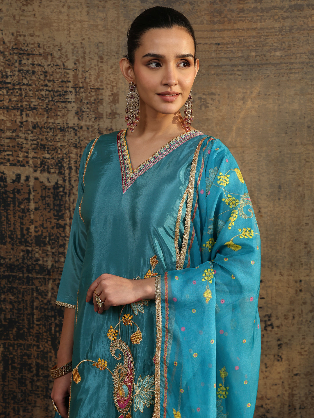 Blue Embroidered Crepe A-Line Suit Set With Dupatta