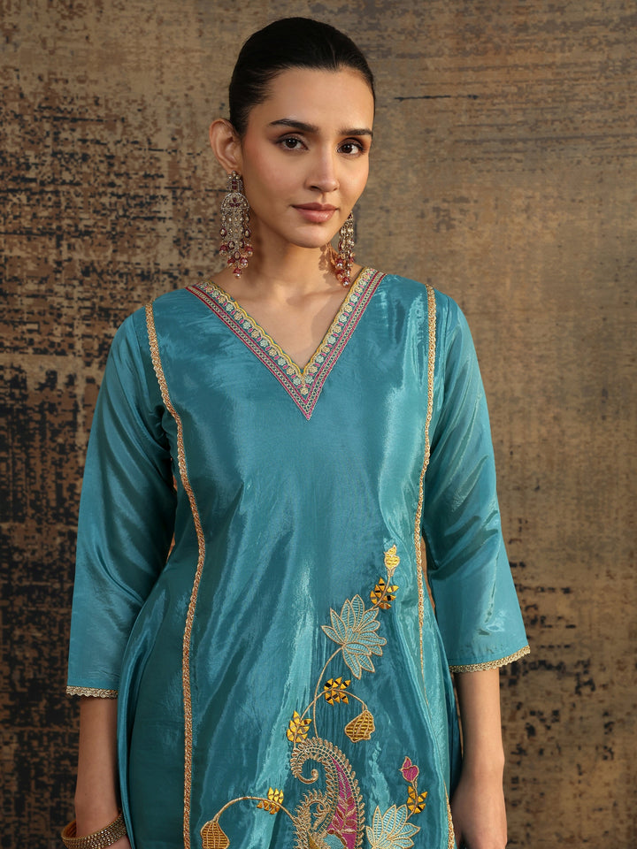 Blue Embroidered Crepe A-Line Suit Set With Dupatta