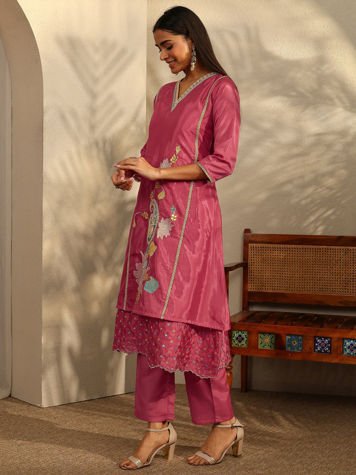 Pink Embroidered Crepe Straight Suit Set With Dupatta