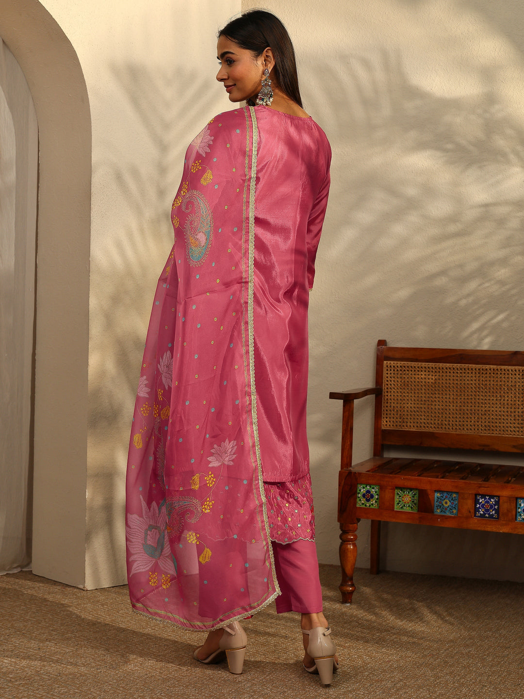 Pink Embroidered Crepe Straight Suit Set With Dupatta