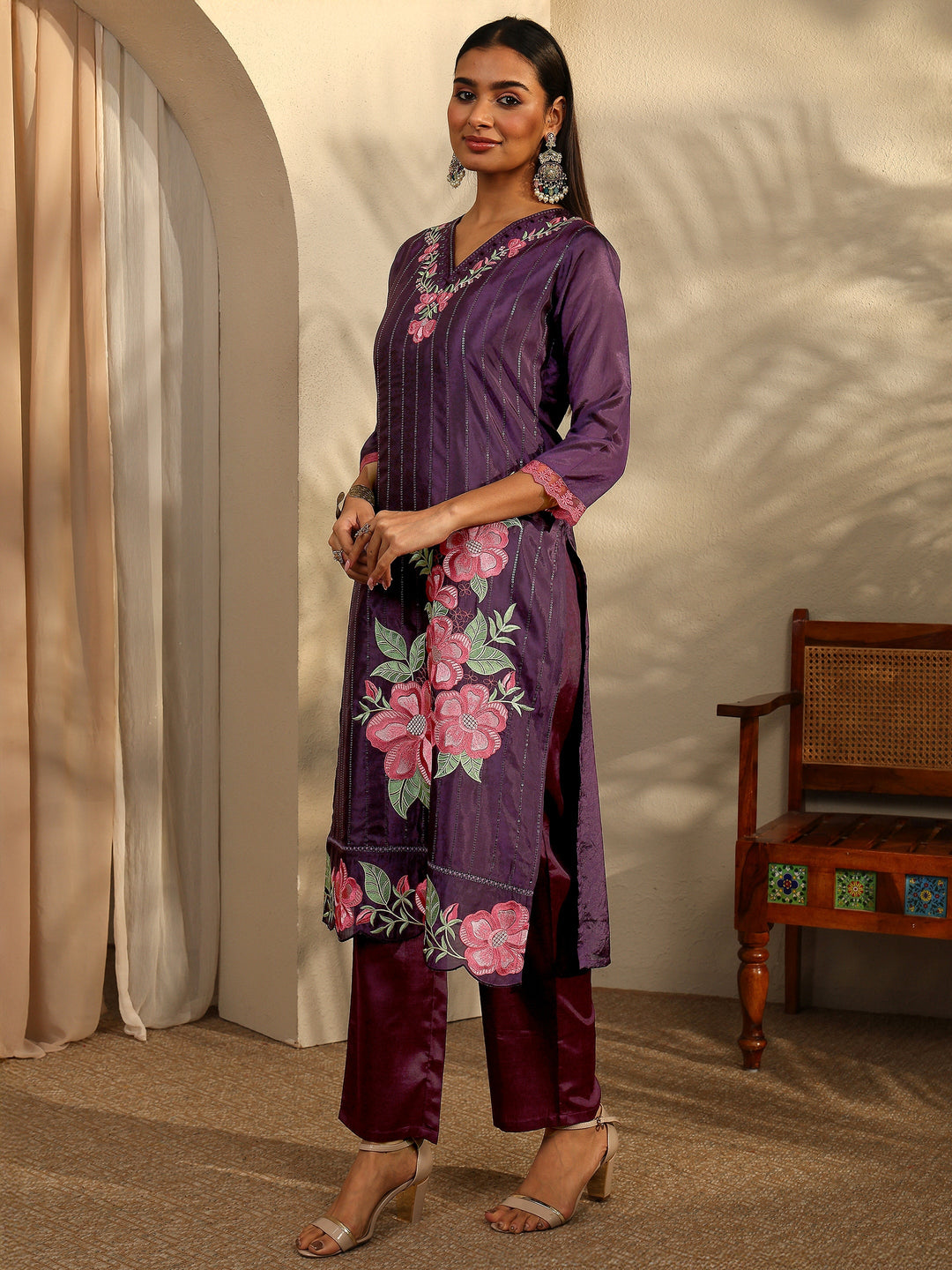 Purple Embroidered Crepe Straight Suit Set With Dupatta