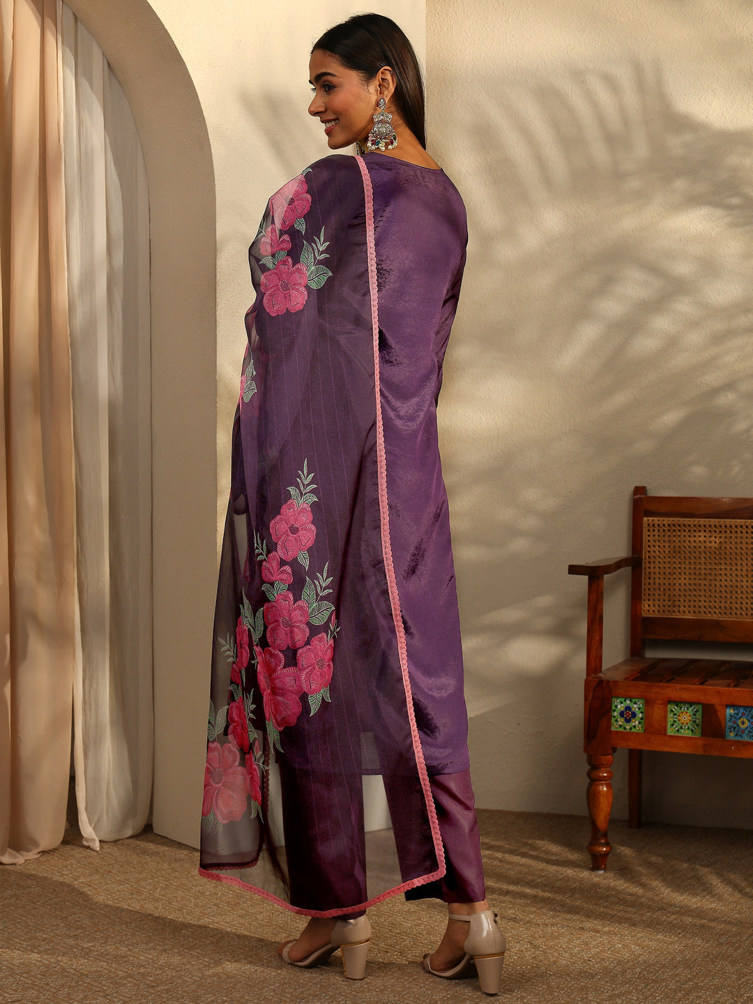 Purple Embroidered Crepe Straight Suit Set With Dupatta