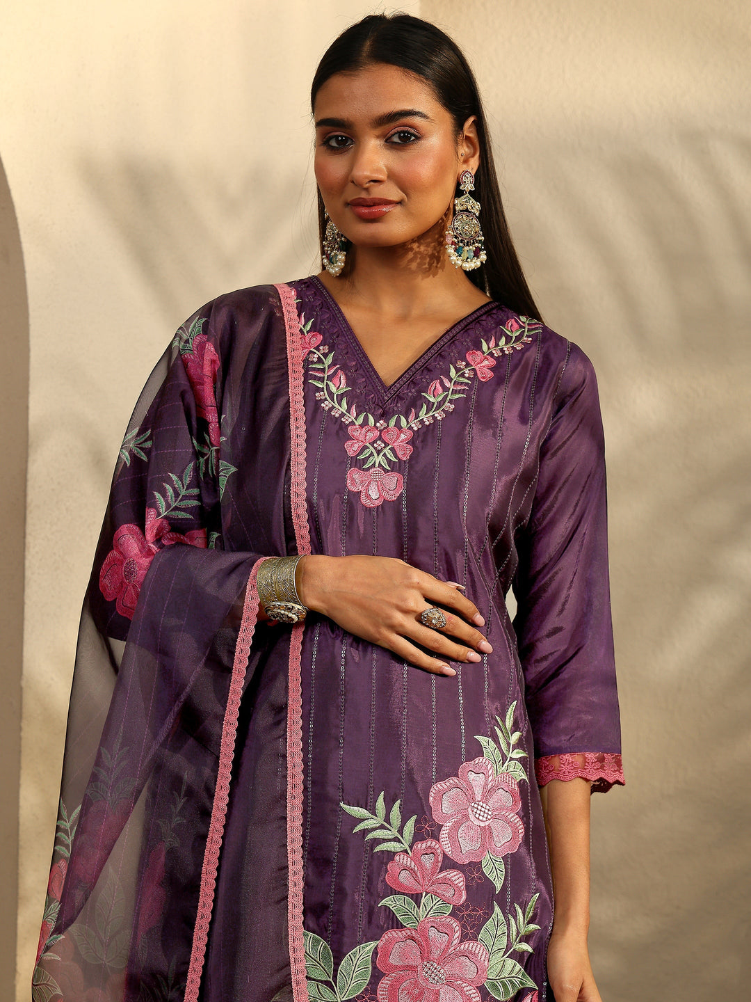 Purple Embroidered Crepe Straight Suit Set With Dupatta