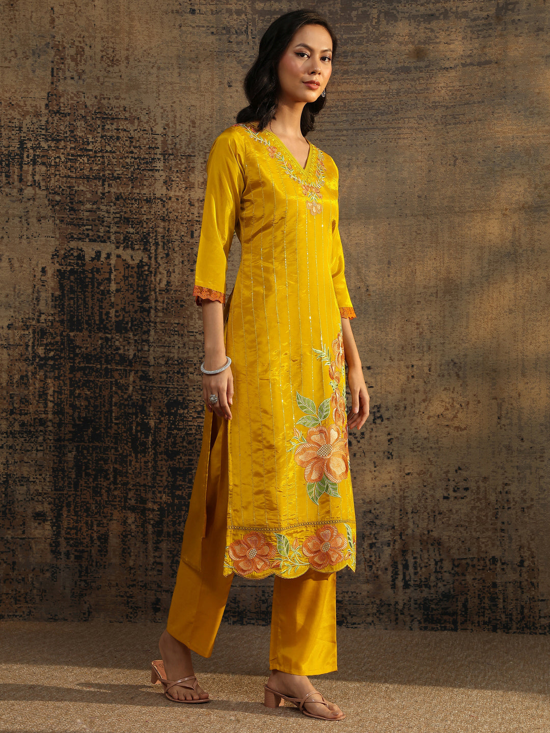 Yellow Embroidered Crepe Straight Suit Set With Dupatta