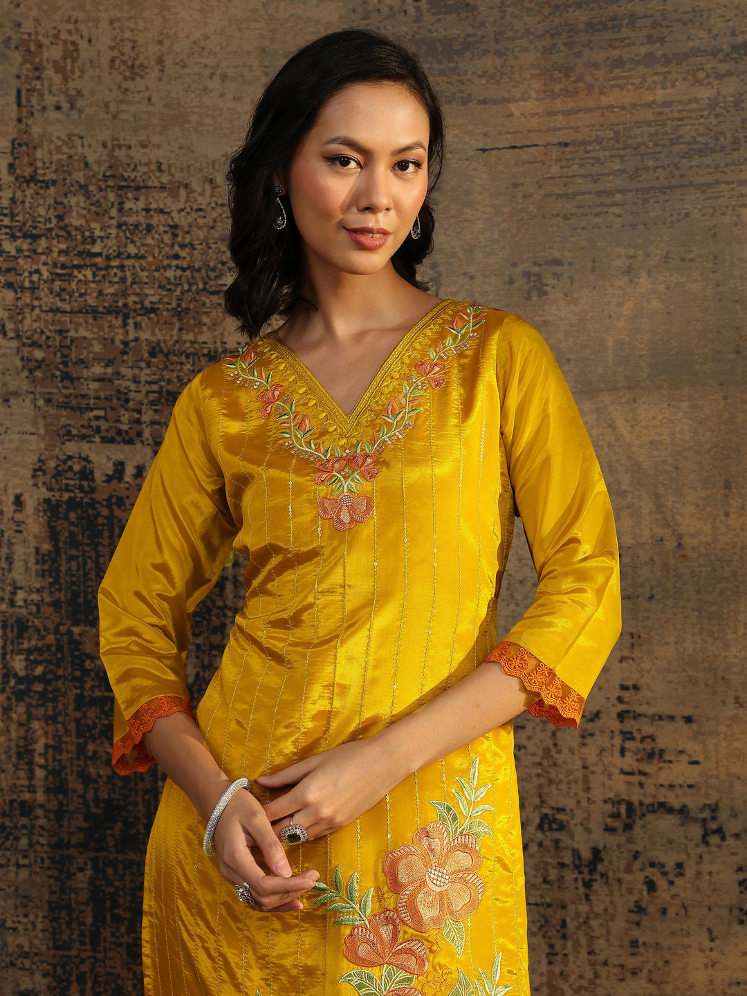 Yellow Embroidered Crepe Straight Suit Set With Dupatta