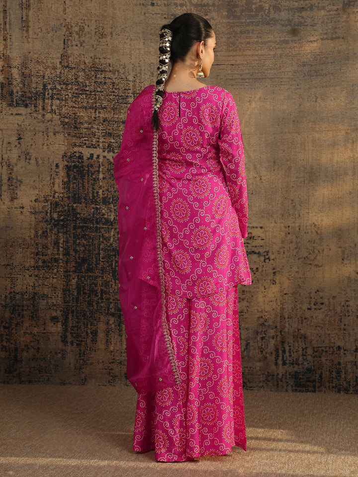 Pink Bandhani Printed Silk Blend Straight Suit Set With Dupatta