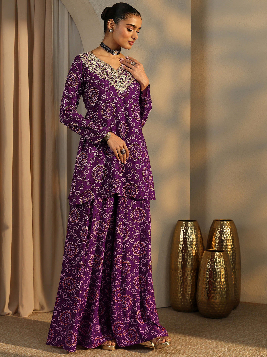 Purple Bandhani Printed Silk Blend Straight Suit Set With Dupatta