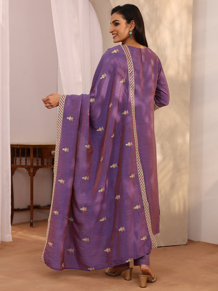 Purple Embroidered Silk blend Straight Suit Set With Dupatta