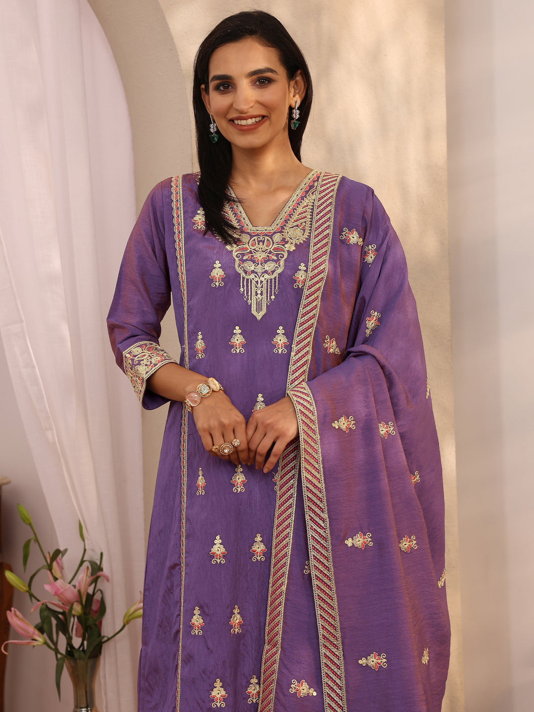 Purple Embroidered Silk blend Straight Suit Set With Dupatta