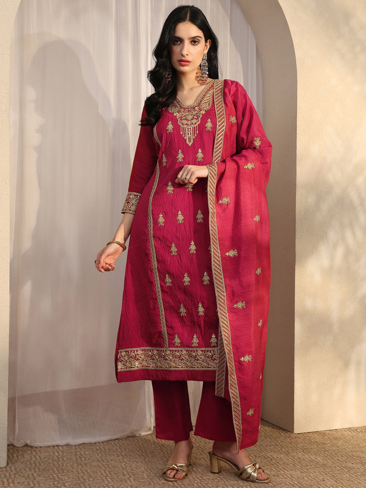 Pink Embroidered Silk Blend Straight Suit Set With Dupatta